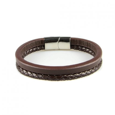 Bracelet en cuir pour homme composé de deux lanières marron en cuir tressé et lisse.