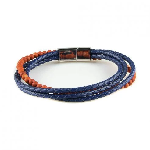 Bracelet pour homme composé de trois lanières de cuir bleu et d'une de pierres d'agate feu naturelles.