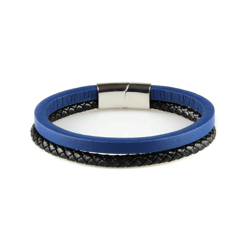 Bracelet en cuir pour homme avec une lanière bleue et une noire.