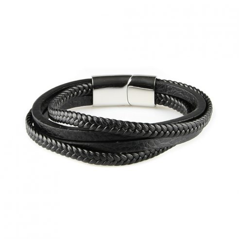 Bracelet pour homme composé de deux lanières de cuir noir tressé et de deux lanières de cuir noir lisse. 