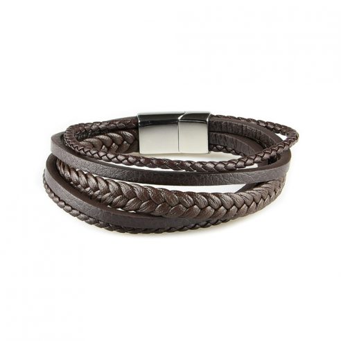 Bracelet pour homme composé de trois lanières de cuir marron tressé et de deux de cuir marron lisse.