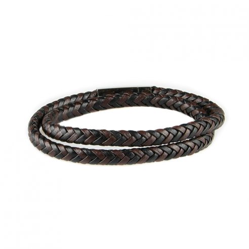 Bracelet multi-tours pour homme en cuir tressé noir et marron.