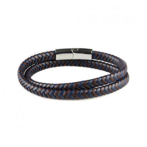 Bracelet multi-tours pour homme en cuir marron et bleu tressé.