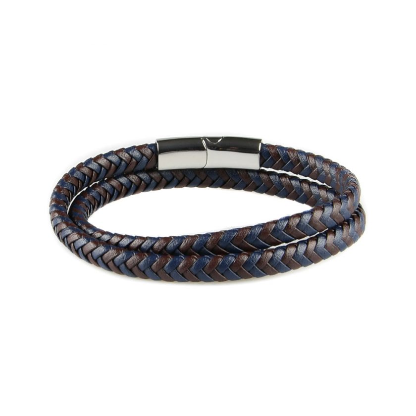 Bracelet multi-tours pour homme en cuir marron et bleu tressé.