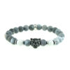 Bracelet pour homme composé d'une élégante tête de léopard noire et de perles de pierre d'agate bleue naturelles.