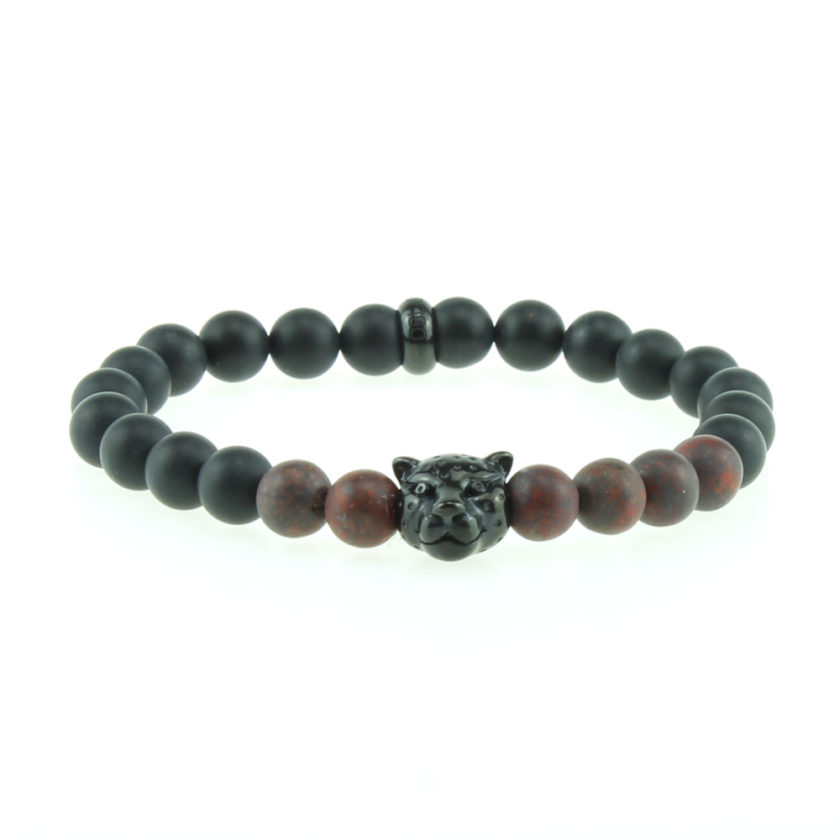 Bracelet pour homme composé d'une élégante tête de léopard noire, de perles d'agate noires et de pierres rutile naturelles.