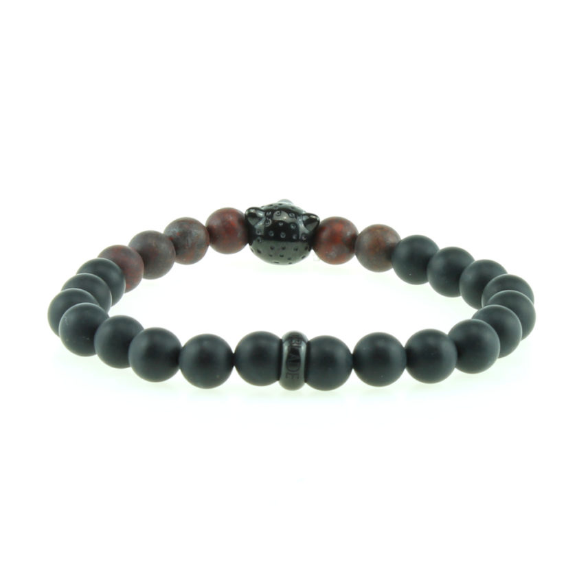 Bracelet pour homme composé d'une élégante tête de léopard noire, de perles d'agate noires et de pierres rutile naturelles.