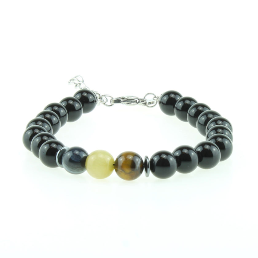 Bracelet pour homme composé de perles d'onyx noir brillantes, de perles œil de tigre et d'une perle d'agate rayée.