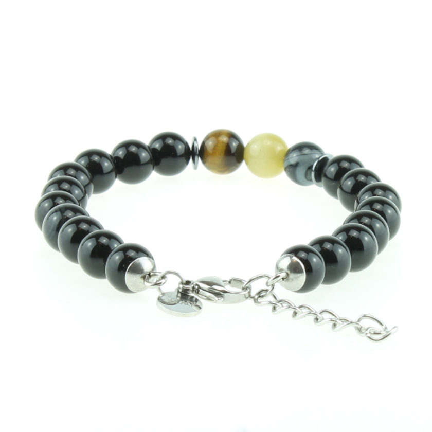Bracelet pour homme composé de perles d'onyx noir brillantes, de perles œil de tigre et d'une perle d'agate rayée.