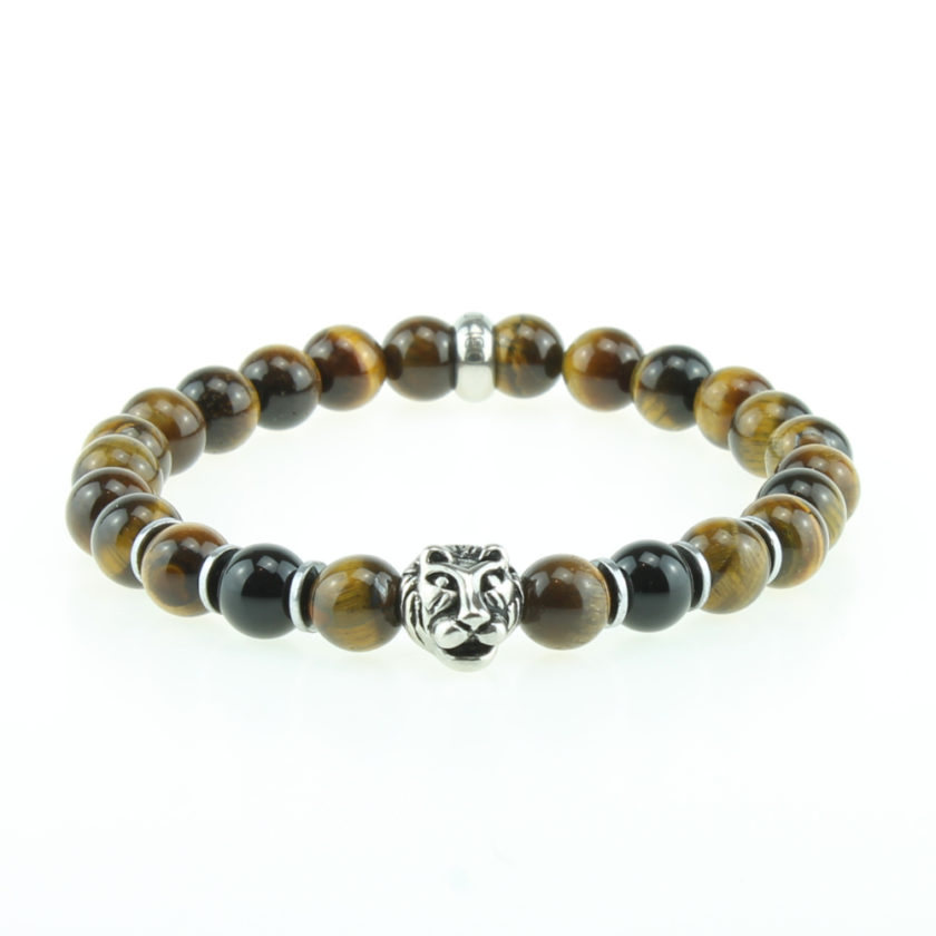 Bracelet pour homme composé d'une élégante tête de lion couleur argent et de perles œil de tigre naturelles.