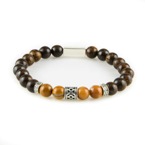 Bracelet homme en pierres bronzite marron, bois pétrifié jaune et argent 925
