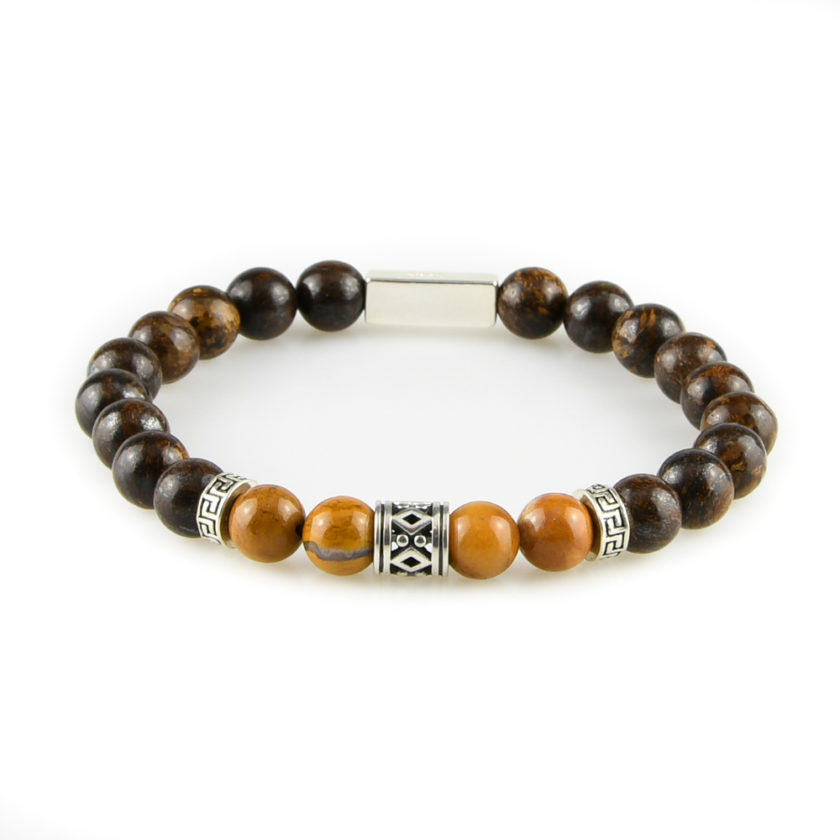 Bracelet homme en pierres bronzite marron, bois pétrifié jaune et argent 925