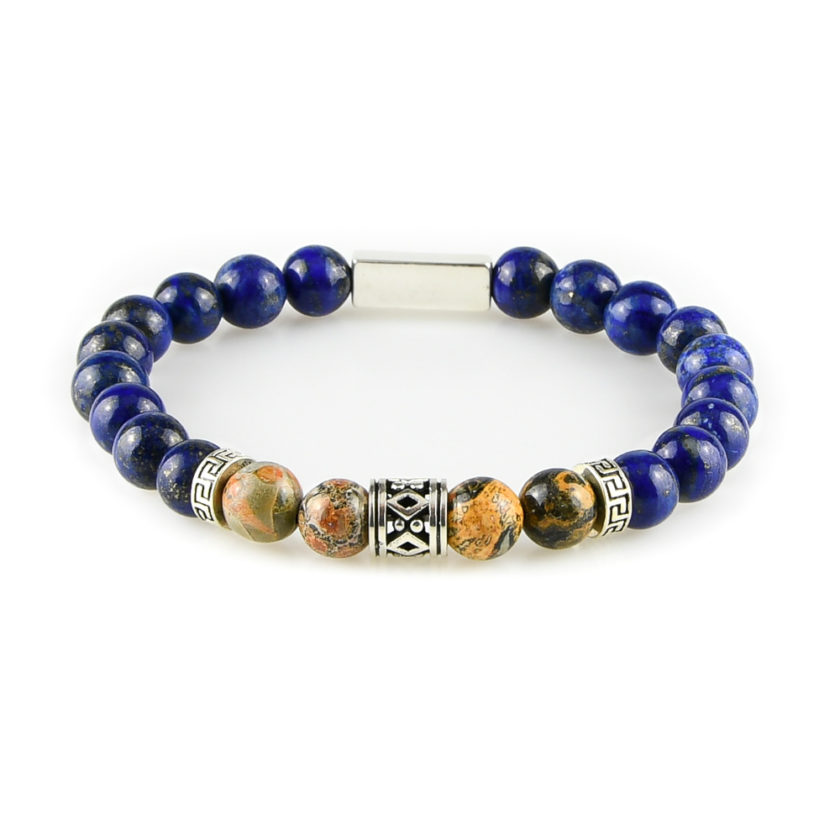 Bracelet homme en pierre de lapis lazuli, bois pétrifié jaune et argent 925