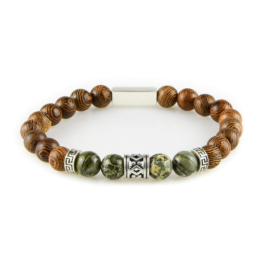Bracelet homme en perles de bois Wengé, jaspe vert forêt tropicale et argent 925