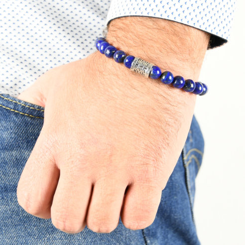 Bracelet homme en pierre de lapis lazuli bleu et argent 925