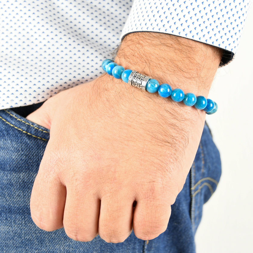 Bracelet homme en pierres d'apatite bleue et argent 925