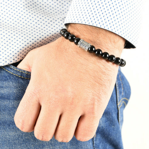 Bracelet homme en pierre de tourmaline noire et argent 925