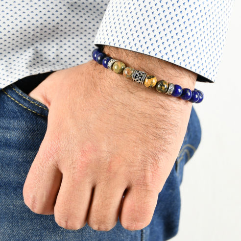 Bracelet homme en pierre de lapis lazuli, bois pétrifié jaune et argent 925