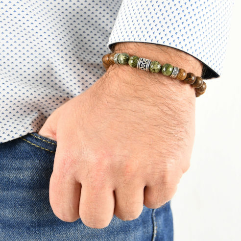 Bracelet homme en perles de bois Wengé, jaspe vert forêt tropicale et argent 925