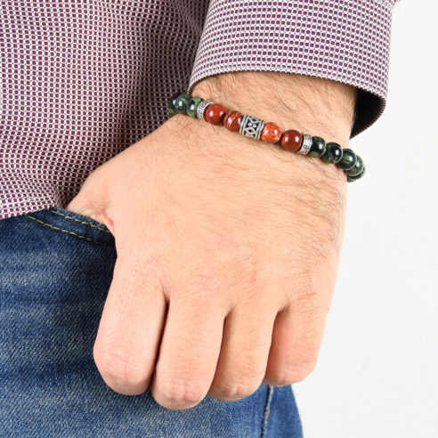 Bracelet homme en pierre de jaspe Kambaba, jaspe rouge et argent 925