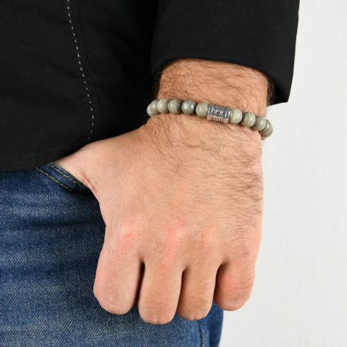Bracelet homme en pierre de jaspe à bandes grises et argent 925