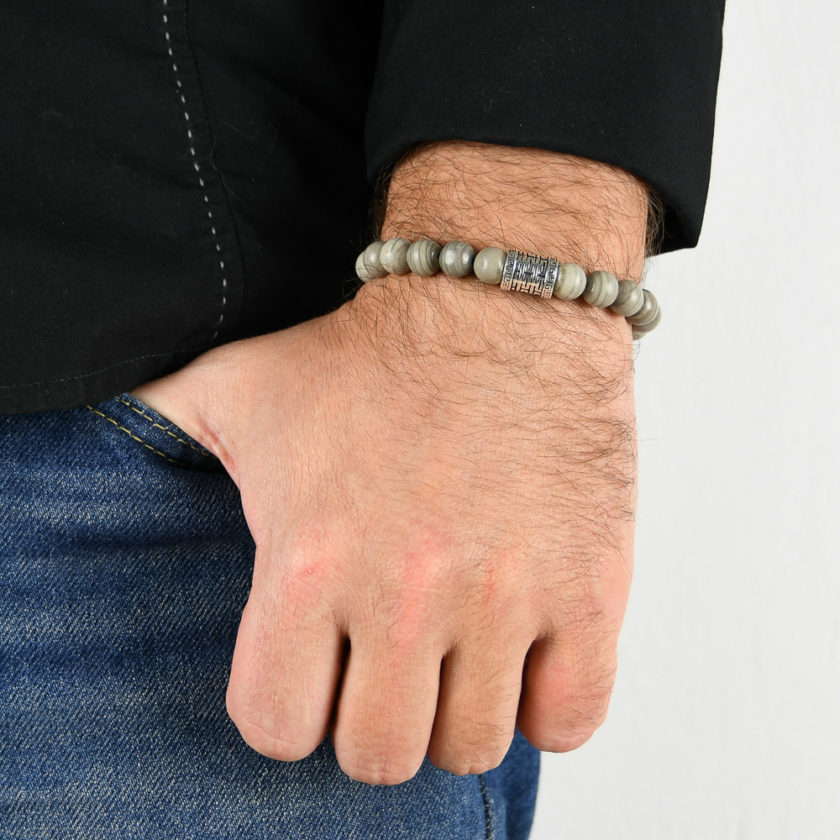 Bracelet homme en pierre de jaspe à bandes grises et argent 925