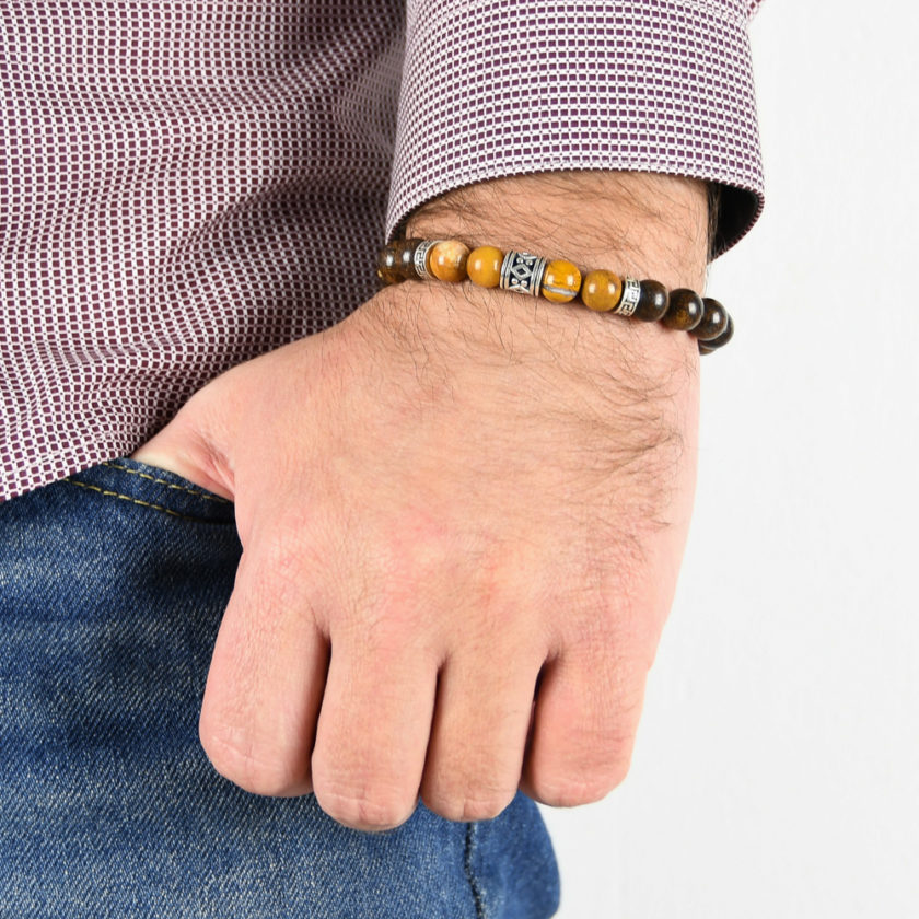 Bracelet homme en pierres bronzite marron, bois pétrifié jaune et argent 925