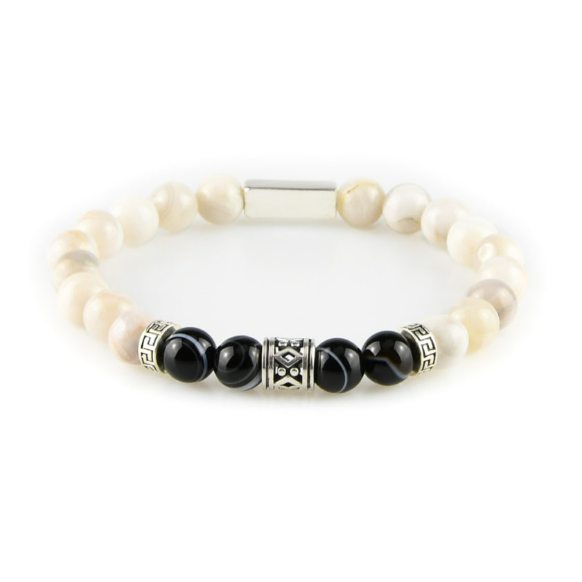 Bracelet homme en pierres de d'agate dentelle folle, agate rubanée noire et argent 925