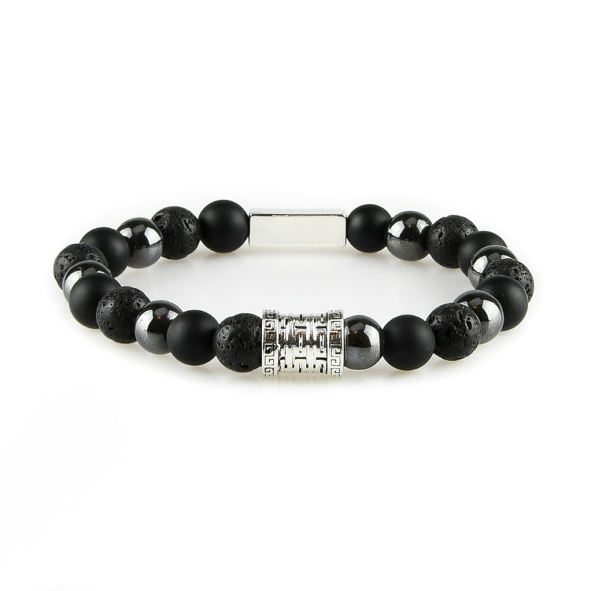 Bracelet homme en pierres de lave, d'onyx dépoli, d'hématite et argent 925