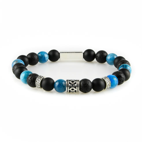 Bracelet homme en pierres de lave, d'onyx dépoli, d'apatite bleue et argent 925