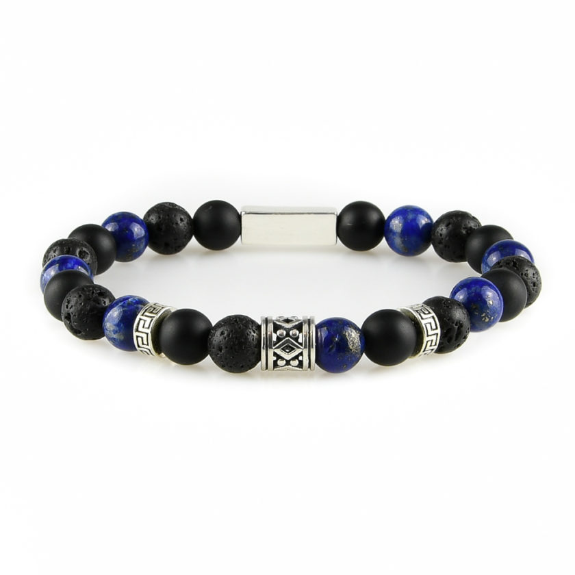 Bracelet homme en pierres de lave, d'onyx dépoli, de lapis lazuli et argent 925