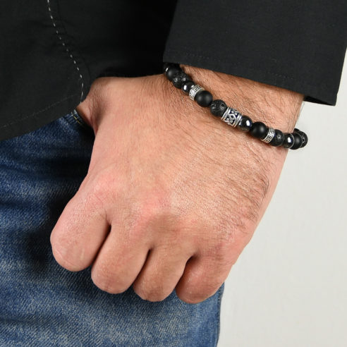 Bracelet homme en pierres de lave, d'onyx dépoli, d'hématite et argent 925