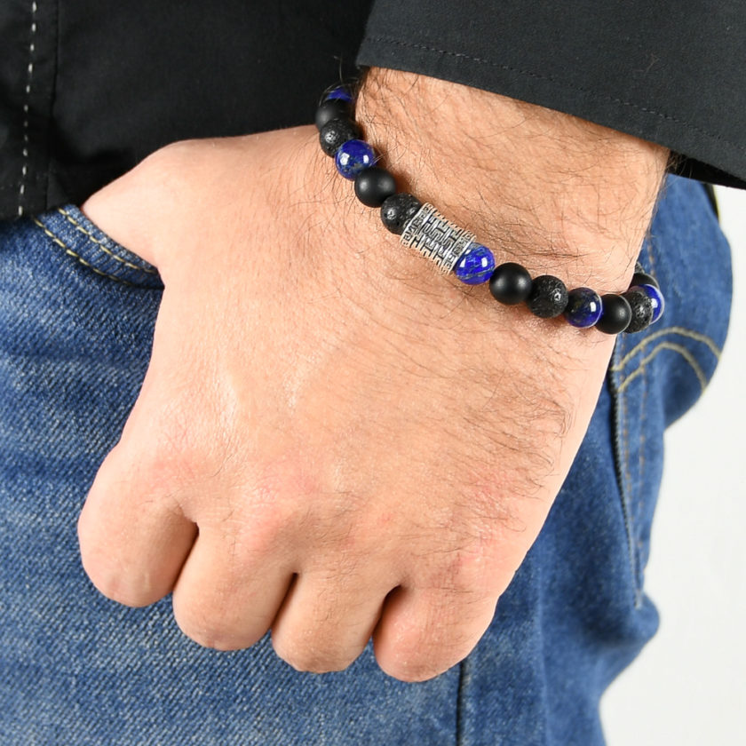 Bracelet homme en pierres de lave, d'onyx dépoli, de lapis lazuli et argent 925