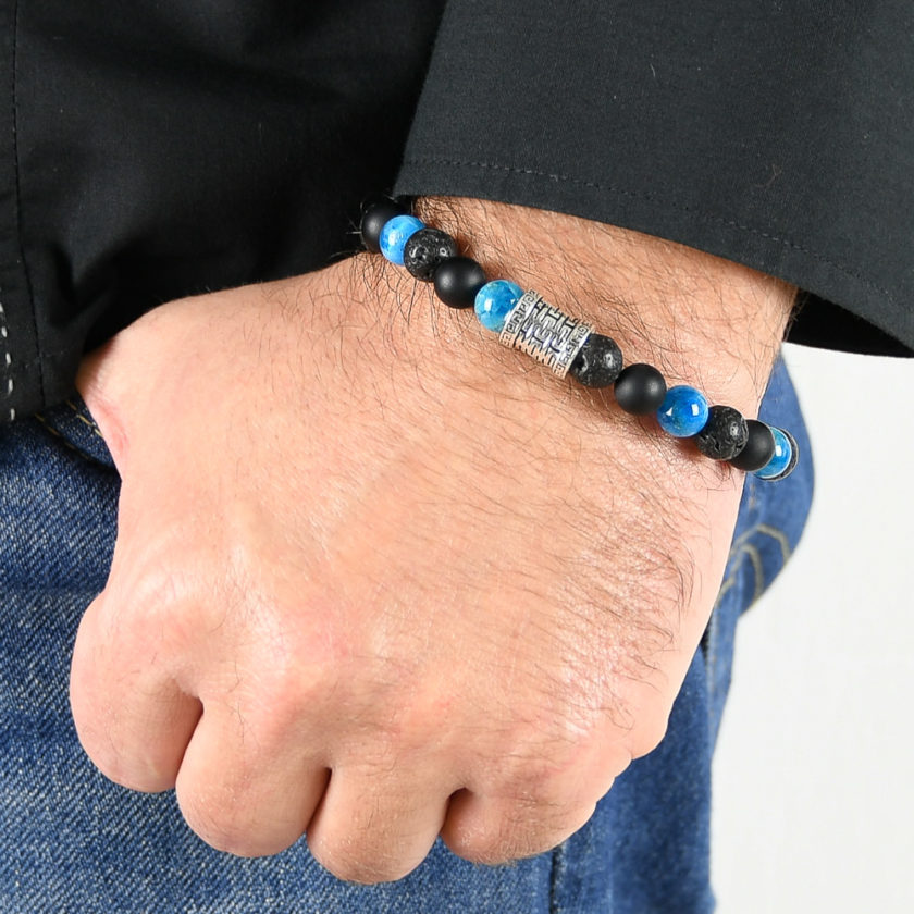Bracelet homme en pierres de lave, d'onyx dépoli, d'apatite bleue et argent 925