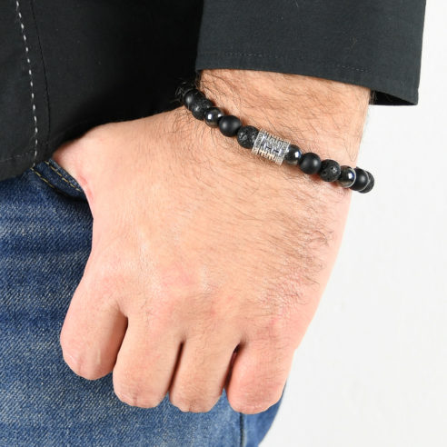 Bracelet homme en pierres de lave, d'onyx dépoli, d'hématite et argent 925