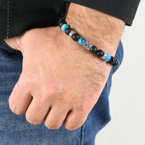 Bracelet homme en pierres de lave, d'onyx dépoli, d'apatite bleue et argent 925