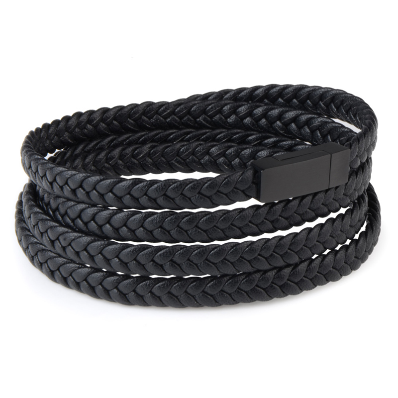 Bracelet homme multi-tours en cuir tressé noir