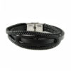 Bracelet pour homme avec une lanière de cuir noir lisse et deux de cuir noir tressé.
