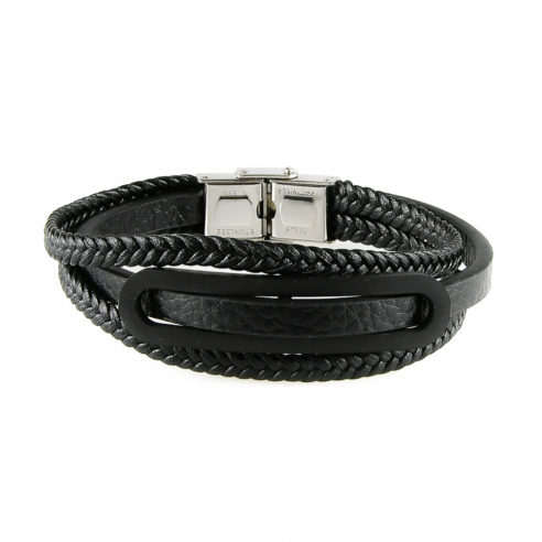 Bracelet pour homme avec une lanière de cuir noir lisse et deux de cuir noir tressé.
