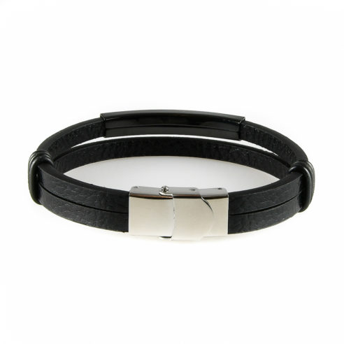 Bracelet pour homme avec deux lanières de cuir lisse noir et une élégante pièce en acier inoxydable noir.