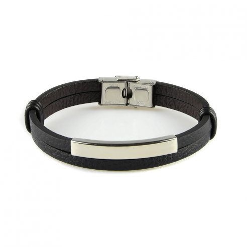 Bracelet pour homme avec deux lanières de cuir lisse noir et une élégante pièce en acier inoxydable couleur argent.