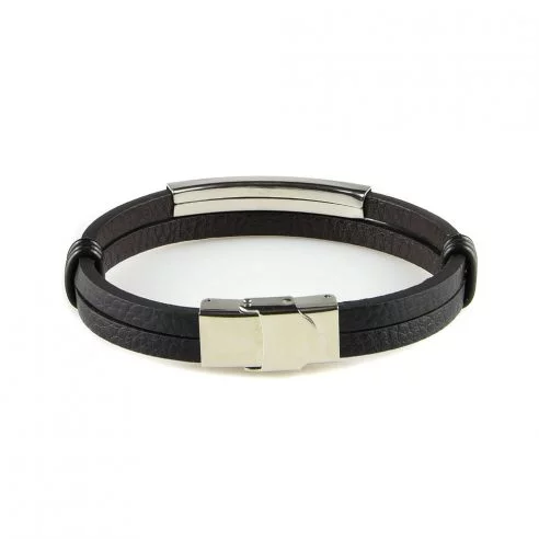 Bracelet pour homme avec deux lanières de cuir lisse noir et une élégante pièce en acier inoxydable couleur argent.