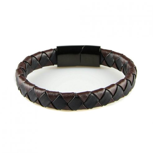 Bracelet pour homme en cuir noir et marron tressé, avec un fermoir en acier inoxydable de couleur noire.