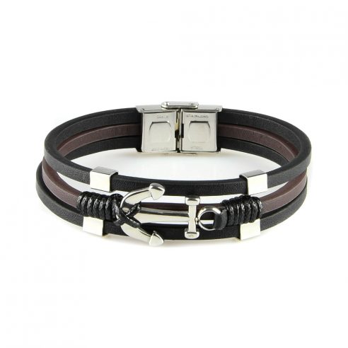 Bracelet pour homme en cuir lisse noir et marron avec ancre en acier inoxydable.