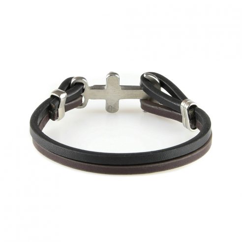 Bracelet pour homme avec deux lanières de cuir et une croix en acier.