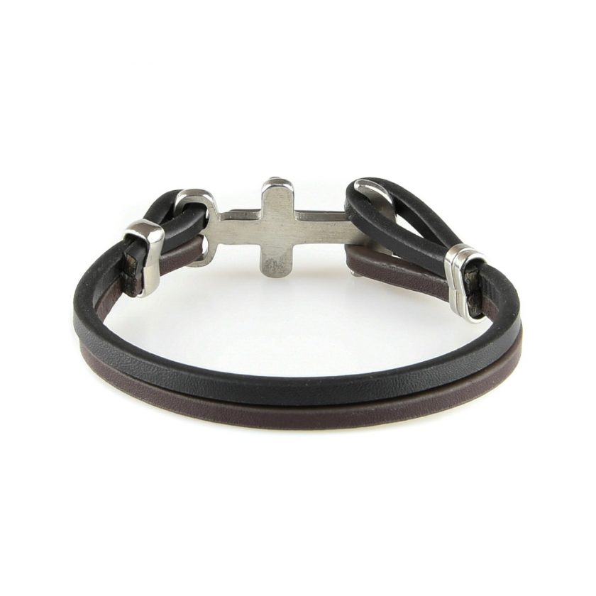 Bracelet pour homme avec deux lanières de cuir et une croix en acier.