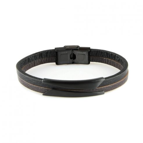 Bracelet pour homme avec deux lanières de cuir lisse noir et marron.