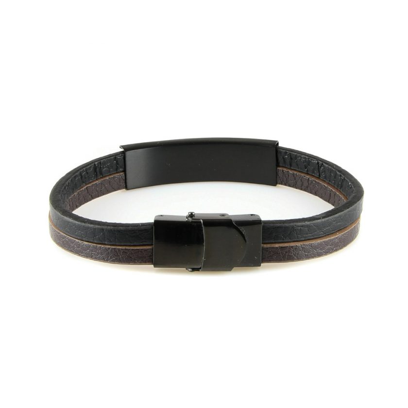 Bracelet pour homme avec deux lanières de cuir lisse noir et marron.