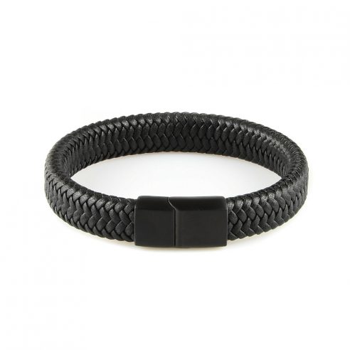 Bracelet homme en cuir tressé noir et fermoir acier noir
