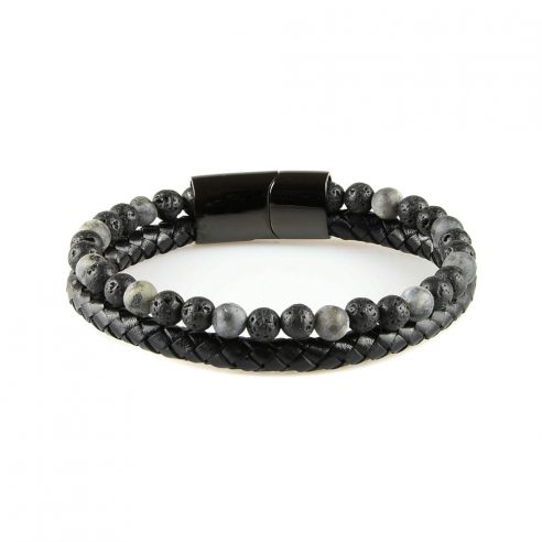 Très élégant bracelet pour homme en cuir noir avec des pierres de lave naturelles.